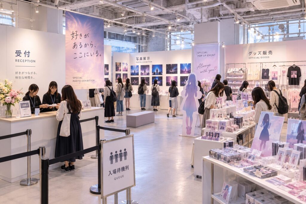 写真展、グッズ販売、受付などを同じ会場で行っている様子。展示を見る来場者と商品を見る来場者がいる構図。