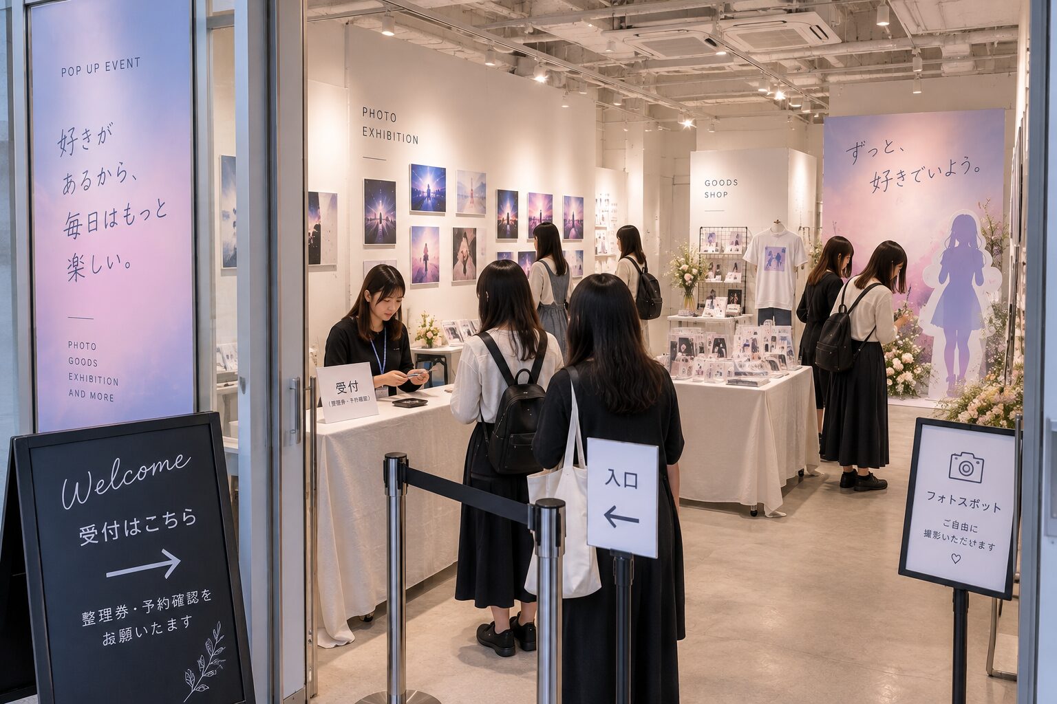 イベント会場入口に受付があり、来場者が整理券・予約確認をして入場している様子。